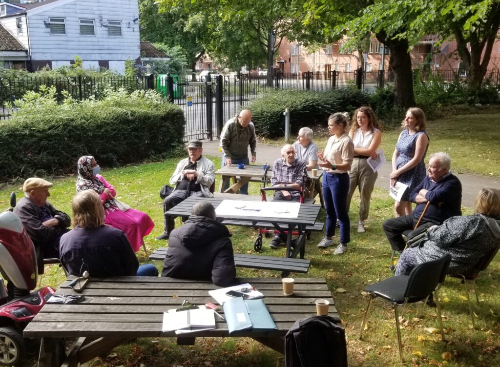 Co-design workshop at Hopton Court with Loop Systems with the former Gamecock pub in the background.